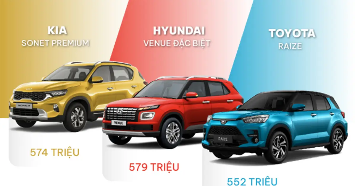 so sánh về kích thước và giá bán Kia Sonet, Hyundai Venue, Toyota Raize